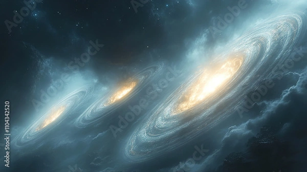 Fototapeta Stunning view of three spiral galaxies amidst swirling cosmic clouds in deep space. Generative AI