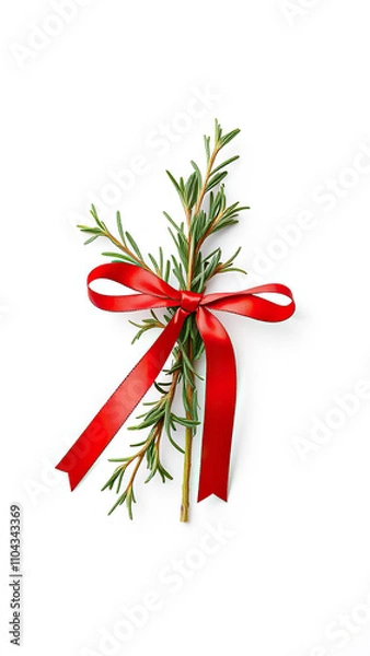 Obraz A sprig of fresh rosemary tied with a red ribbon against a pure white background,  foliage,  rustic,  flowers, fresh rosemary