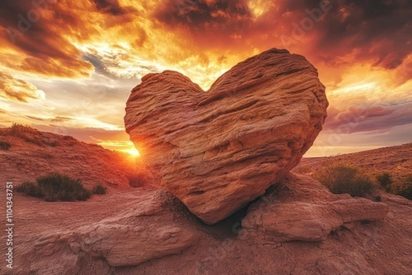 Obraz A heart-shaped rock formation in a desert landscape, with a dramatic sunset sky behind it,