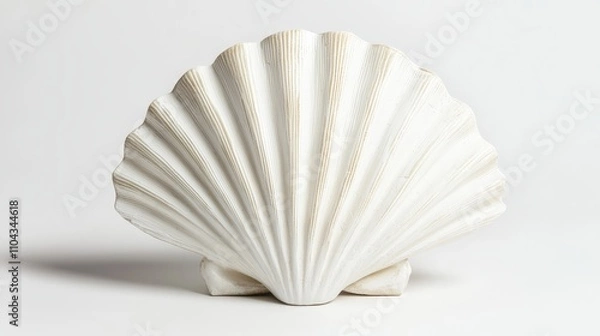 Fototapeta  a white scallop shell on a white background, creating a stark contrast between the two colors The shell is intricately detailed, with its ridges and curves clearly