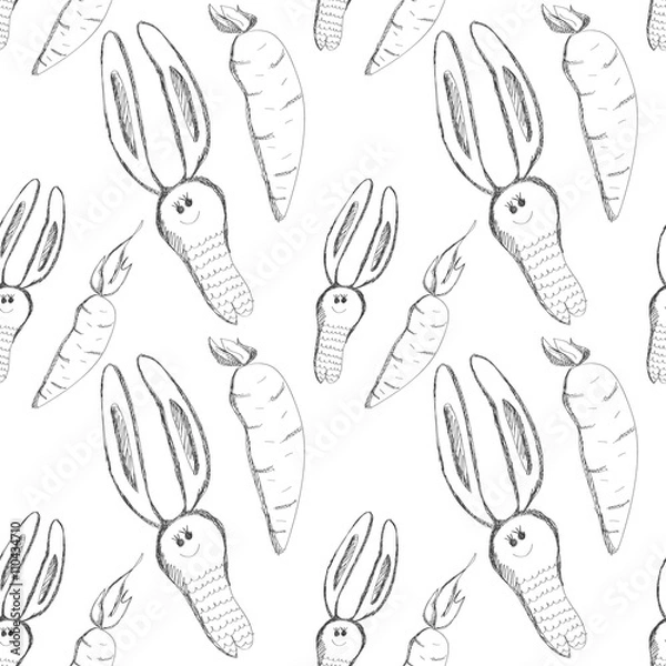 Fototapeta Seamless vector pattern. Cute background with hand drawn rabbits and carrot. Series of Cartoon, Doodle, Sketch and Scribble Seamless Vector Patterns.