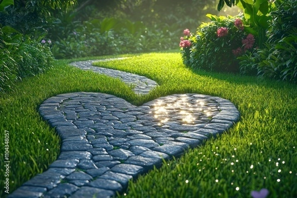 Obraz A heart-shaped stone path leading through a lush green garden, with morning dew glistening on the grass,