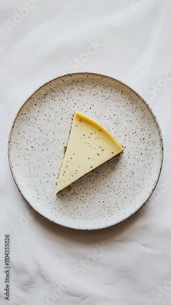 Fototapeta きれいな白い背景の斑点のある皿の上にチーズスライスを載せたミニマリストな航空写真