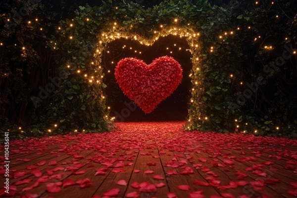 Obraz A pathway of red petals leading to a heart-shaped arch covered in ivy and fairy lights,