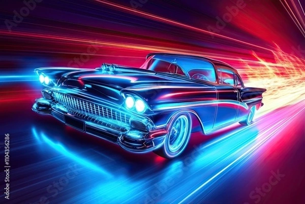 Fototapeta Fast moving classic car with blue and red glowing neon lights running at high speed