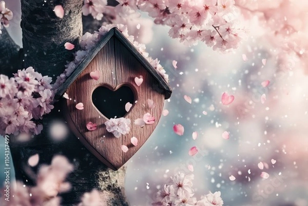 Obraz A quaint heart-shaped birdhouse in a blooming cherry blossom tree, with petals gently falling,