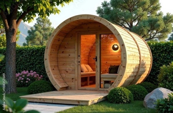 Fototapeta A cozy wooden barrel sauna stands in a vibrant garden, featuring a welcoming entrance, soft lighting, and inviting seating for relaxation. Generative AI