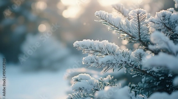 Fototapeta Frosted pine branch in soft winter sunlight