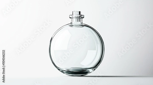 Fototapeta Transparent round glass bottle with a screw cap on a plain white background, showcasing elegant simplicity and minimalist design.