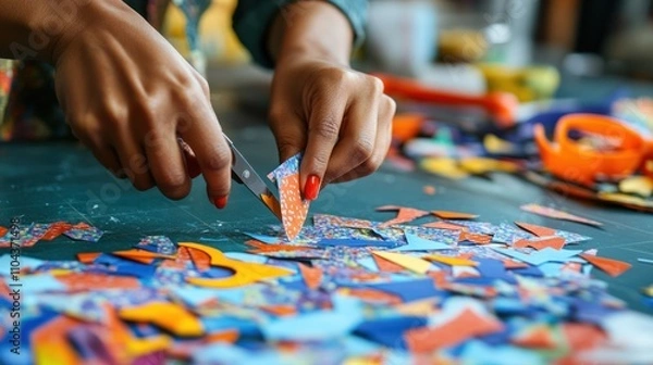 Fototapeta A Close-up View of Hands Cutting Colorful Paper Pieces for an Art Project