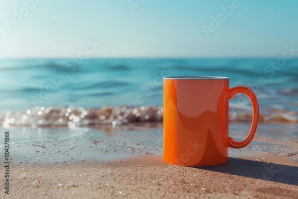 Fototapeta A vibrant orange mug sits on the sandy beach, with gentle ocean waves lapping nearby, creating a serene and refreshing atmosphere.