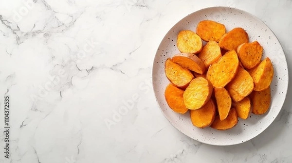 Fototapeta 大理石の背景に斑点のある皿の上にスライスしたローストサツマイモを載せた航空写真