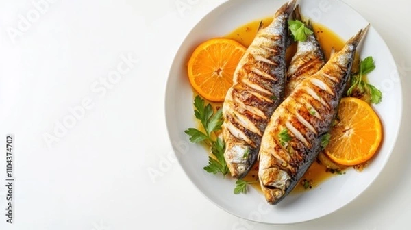 Fototapeta 料理のインスピレーションとなる、オレンジスライスとハーブを添えた焼き魚の航空写真（白い背景）