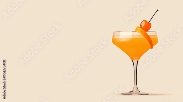 Fototapeta Elegant cocktail in a coupe glass garnished with a cherry and orange twist on a light beige background