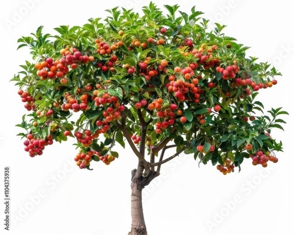 Fototapeta A vibrant fruit tree bursting with ripe cherries in shades of red and yellow against a clean white background.