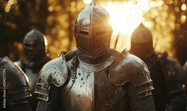 Fototapeta A fierce knight in shining armor, ready for battle, stands among his comrades with determination