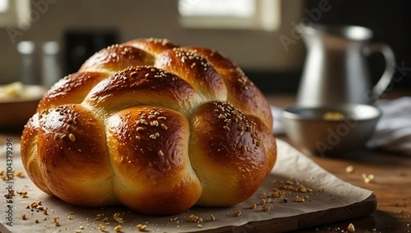 Fototapeta Challah bread with a golden crust in a kitchen setting.