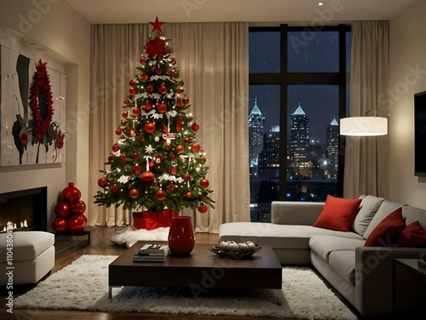 Fototapeta Charming Christmas tree with red ornaments in a modern living room