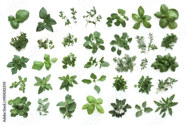Obraz Vibrant Arrangement of Fresh Herbs on White Surface. A Top View Composition for Culinary Inspiration
