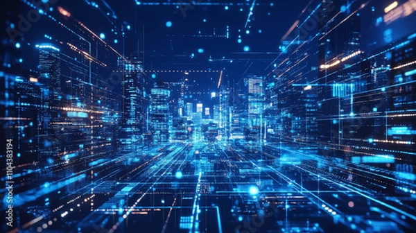 Fototapeta Modern city and wireless communication network concept. Smart city. Digital transformation. Vertical visual for advertisements and banners.