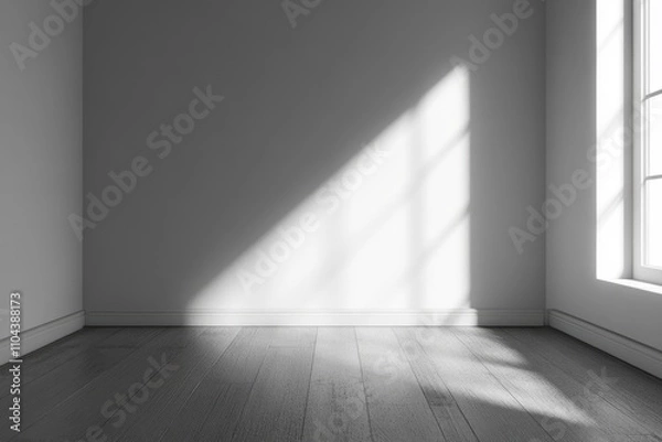 Fototapeta Minimalist Aesthetic: Blank Space with White Wall, Light Shadows, and Wooden Flooring in 3D Environment