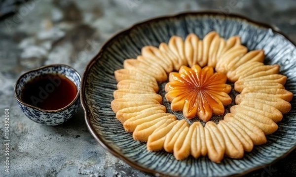 Fototapeta Traditionally styled Korean yakgwa cookies are beautifully arranged in a circular pattern on a ceramic plate, complemented by a side dish of dipping syrup, creating a delightful visual