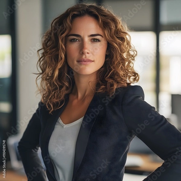 Obraz A woman in her 30s, wearing business casual attire, standing confidently with her hands on her hips in an office.