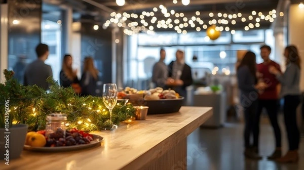 Fototapeta Festively decorated office with employees socializing at the corporate end-of-year, Christmas and New Year party.