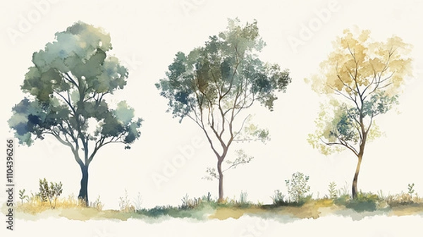 Fototapeta Tree watercolor, Side view green painting, set of graphics trees elements outline symbol for architecture and landscape design drawing. Vector illustration in stroke fill . Tropical, oak, maple.