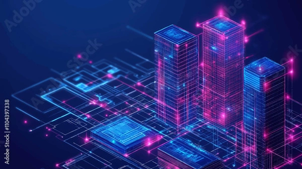 Fototapeta Futuristic infrastructure of a smart night city. Residential urban buildings for isometric innovation flat design. Smart city vector illustration of town with digital communication technology.