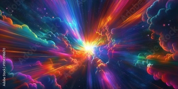 Obraz Colorful explosion in space. Neon burst of energy. Hyperspace clouds. Rainbow colors. Fast motion. Bright glowing stars. Cosmic design. Abstract pattern. Deep space. Galaxy. Fast speed. Tech art.