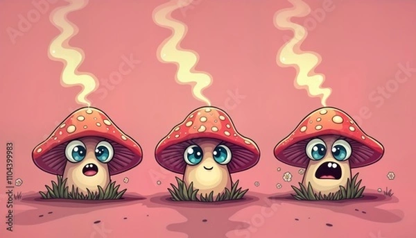 Fototapeta Cute cartoon mushrooms emit smoke. Groovy fungi with expressive faces. Pink background. Retro style animation set. Mushrooms in row. In fantasy setting. Emitting hallucinatory smoke. Trippy, fun