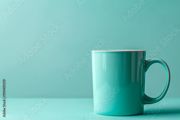 Fototapeta A vibrant teal coffee mug against a matching backdrop, exuding a fresh and modern aesthetic, perfect for any cozy setting.