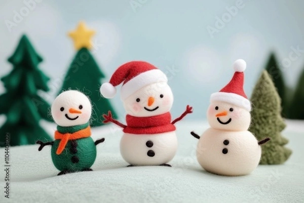 Obraz Paisagem de natal em miniatura com Papai Noel, renas e pinheiros cobertos de neve, estilo lúdico e colorido, criado por IA generativa.