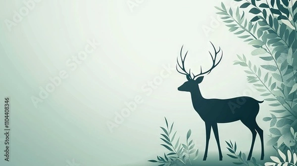 Fototapeta   A deer with antlers stands against a green backdrop of leaves and branches