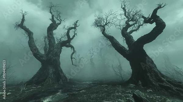 Fototapeta Scary dark forest at night. Halloween background with spooky woods. Vector cartoon illustration of creepy deep forest landscape with tree trunks, grass and stones