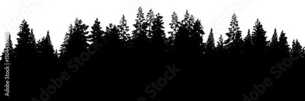 Obraz 3d rendering of the dense pine forest silhouette on white background. Wide seamless nature panorama landscape cutout