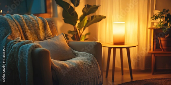 Fototapeta Inviting Cozy Corner with Blue Sofa and Warm Lamp