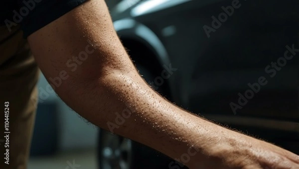 Fototapeta Close-up of a man detailing a car in the garage.
