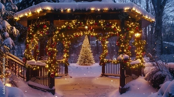 Fototapeta A magical outdoor gazebo decorated with Christmas lights, hanging ornaments, and a garland wrapped around the pillars.