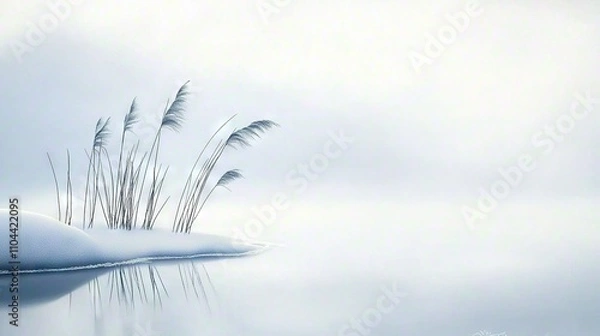 Obraz   A snow-covered lake with reeds in the foreground and a foggy sky in the background