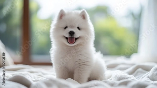 Fototapeta A cheerful samoyed puppy smiles while sitting on a soft bed in a sunlit room