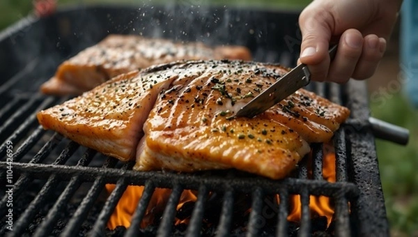 Fototapeta Close-up of fish being flipped on a grill with tongs.
