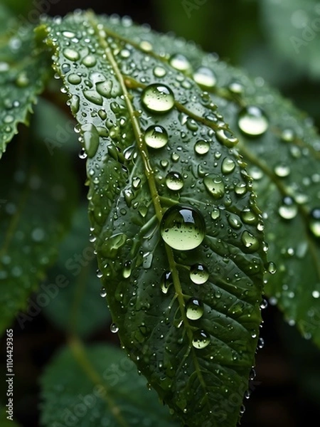 Obraz Close-up of green leaves with dew droplets.