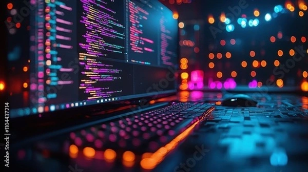 Fototapeta A close-up view of a backlit keyboard and a computer screen displaying colorful code against a blurred abstract background of lights.