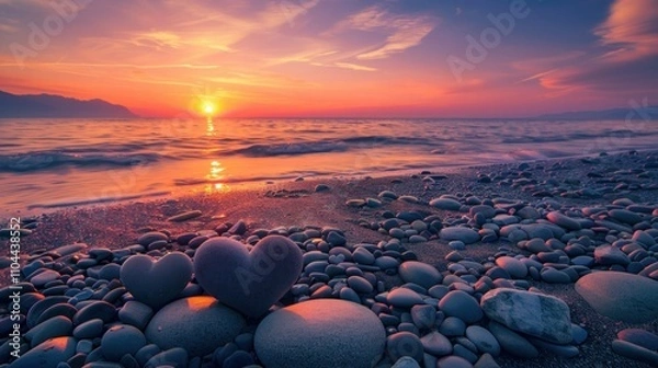 Fototapeta photograph of Glowing heart shaped stones on coastline, sunset over the sea. Valentines day, love, romance concept wide angle lens