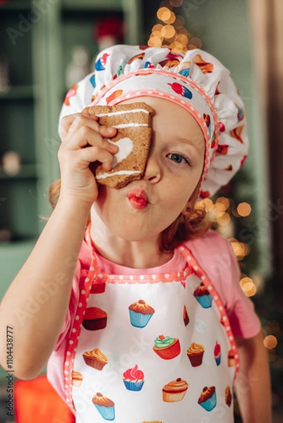 Fototapeta a girl child in the kitchen with a Christmas tree is preparing or cooking ginger cookies for Christmas or New year
