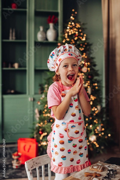 Fototapeta a girl child in the kitchen with a Christmas tree is preparing or cooking ginger cookies for Christmas or New year