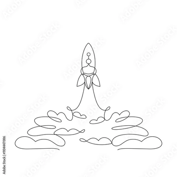 Obraz Rocket, spaceship drawn in continuous line in minimalism style, take off, start up, spacecraft flying up, one line, editable vector contour.