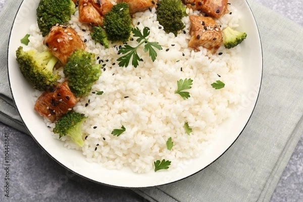 Fototapeta Tasty rice with broccoli, chicken and parsley on grey table, top view